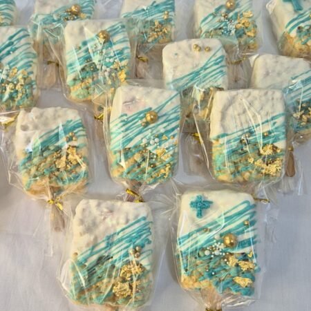 Blue and gold decorated specialty treats